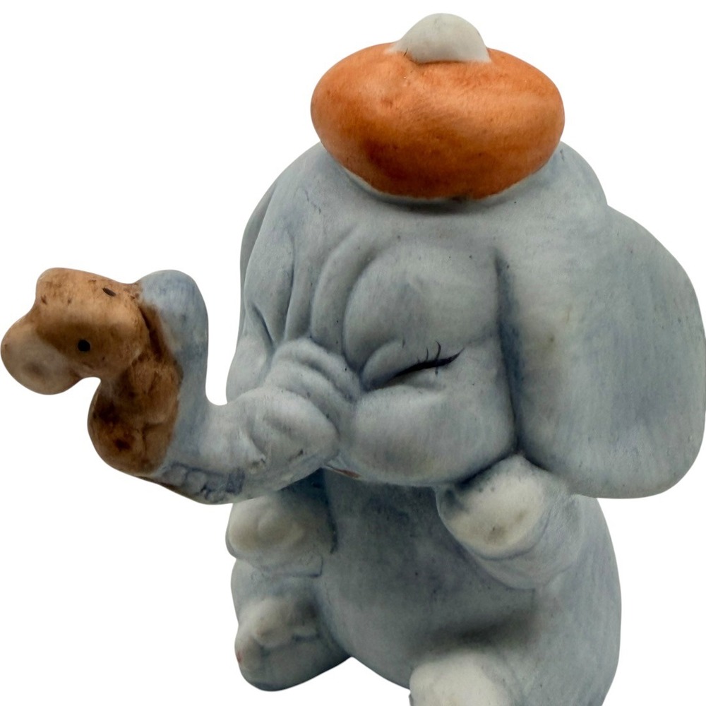Vintage Ceramic Elephant Figurine with Mouse Blue Trunk Up Taiwan Disney Style